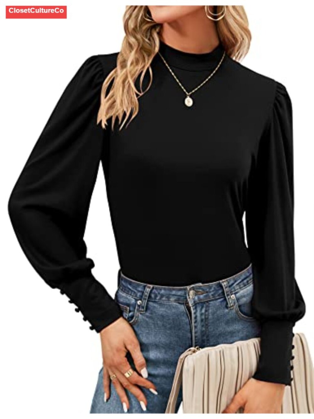 Womens Mock Neck Puff Long Sleeve Blouse Button Cuff Work Top